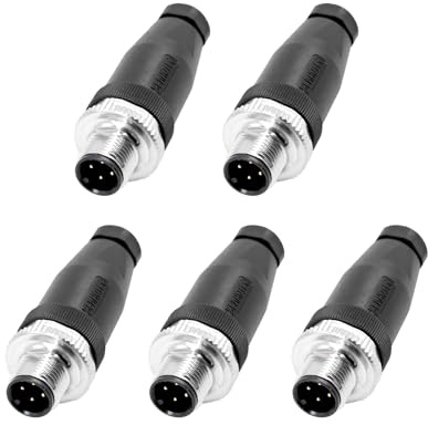 Elecbee 5 Piezas Conector M12 de 4 Pines A Código, M12 Plug 4 Pin Macho A-Code, 12mm Conector Redondo Industrial, Conectores Circulares Enchufe Macho, M12 Enchufe del Conector Aviation