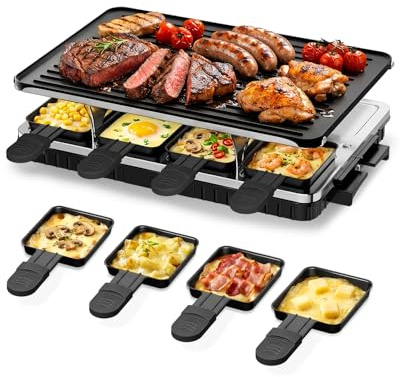 HBN Electric Raclette Table Grill with 8 Warming Trays, 2-in-1 Korean BBQ Grill & Electric Griddle Nonstick, Adjustable Temperature Control,1300W, Great for Indoor Family Gatherings, Parties & Dining