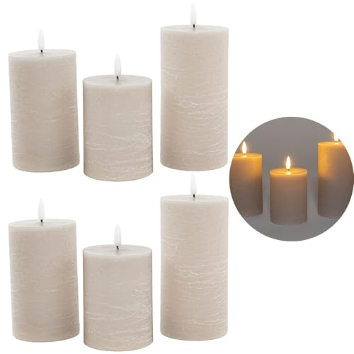 6er Set Led Kerzen 7,5cm ø Kerze flackernde Flamme mit Fernbedingung GRAU TAUPE 15 cm + 12,5 cm + 10 cm Höhe, LED Kerzen mit Timerfunktion, 3 AAA Batterien nötig, LED Echtwachs Stumpenkerzen warmweiß