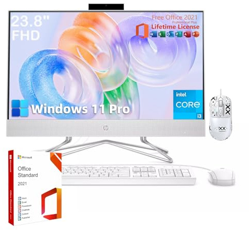 HP PC todo en uno 23.8 pulgadas, unidad óptica 8 en 1, procesador Intel i3 doble núcleo, pantalla FHD, cámara web 720P, teclado y mouse con cable
