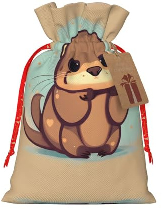 HJLUUFT Weihnachtliche Geschenktüte mit süßem Otter-Druck, mit Kordelzug und Geschenkanhänger, Jutebeutel, Hochzeit, Weihnachten, Partygeschenk