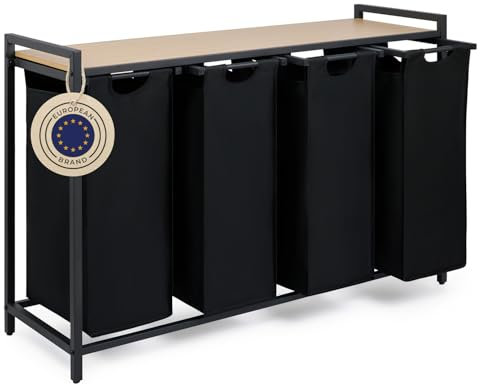 Blumtal Wäschesammler 4 Fächer Schwarz - Wäschekorb mit Ablage in Bambus-Optik - Wäscheschrank mit Metall-Rahmen in Schwarz - Wäschekorb mit Beinen - Wäschesortierer 4 Fächer - Wäschetrenner Wäsche