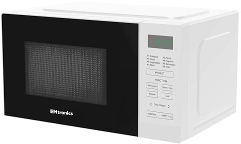 EMtronics 20 Litre 700W Digital Microwave with 800w Grill, 10 Power Levels, 8 Preset Options, Defrost Function and Cavity Light - White
