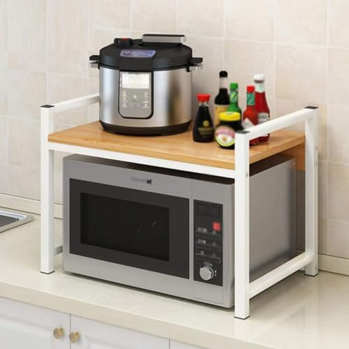 Soporte de cocina de doble capa para microondas con almacenamiento, estante de madera para horno de microondas, estante de especias, marco de metal, estante para hornear café, color negro
