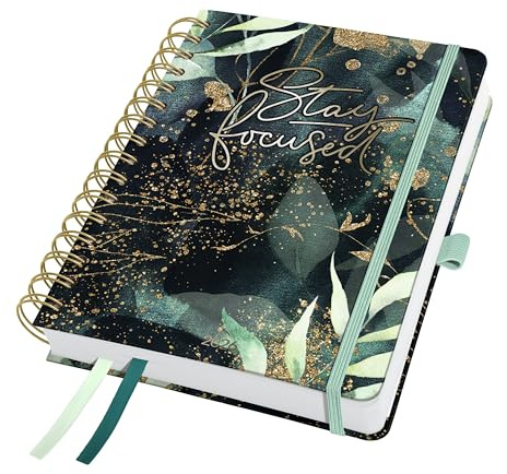 SIGEL J6603 Spiralkalender 2026 A5, schwarz, grün, Hardcover, Gummiband, Stiftschlaufe, Einstecktasche, 2 Zeichenbänder, 240 Seiten, vegan, Buchkalender, Terminplaner Taschenkalender Jolie