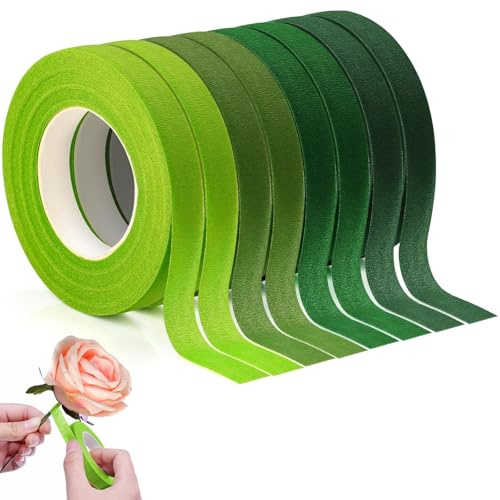 XRXYMQ Floristenband 8 Stück 4 Farben Floral Tape 216m Blumen Tape 12mm DIY | Selbstklebendes Floristentape in Grüntönen, ideal zum Umwickeln von Blumenstielen, für Sträuße, Dekoration und Bastelarbeiten