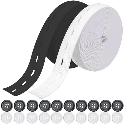 2 Rollen Gummiband Nähen, Gummiband 20mm Wäschegummi Elastic Band Gummizug Gummibänder Hosengummi mit 20 Harzknöpfen Schwarzen Hohe Elastizität Geeignet Gummizugband für Hosenbund DIY Kleidung