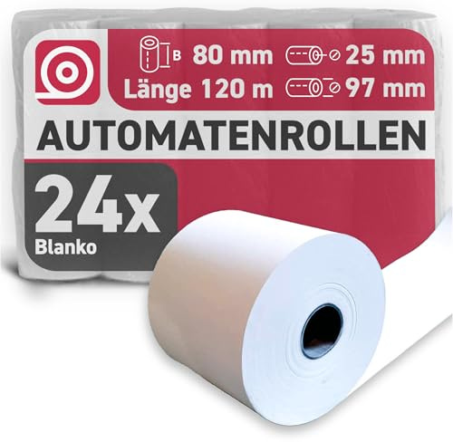 GEBONGT24 Thermorollen 80 mm x 120 m x 25 mm, BPA-frei, 24 Bonrollen mit 55 g/m², langlebig & FSC-zertifiziert - Automatenrollen mit ∅ 97 mm für Kiosk-Drucker, Verkaufsautomaten & Spezialdrucker
