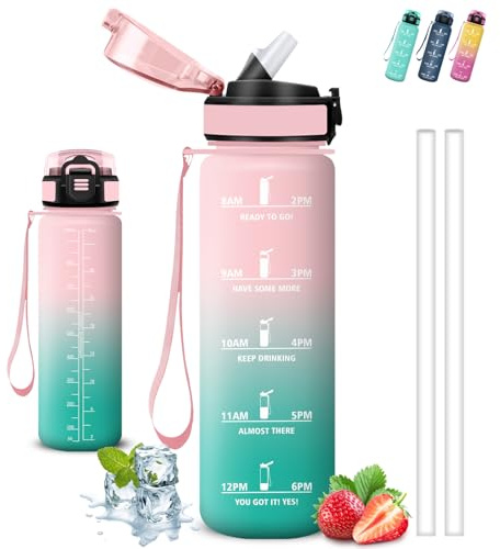 Borraccia 1 litro, Borraccia con Cannuccia, Senza Perdite, Borracce Motivazionale, Facile da Pulire, Bottiglie Trekking, Con Slogan Motivazionale, Water Bottle per Fitness, Campeggio, Escursionismo