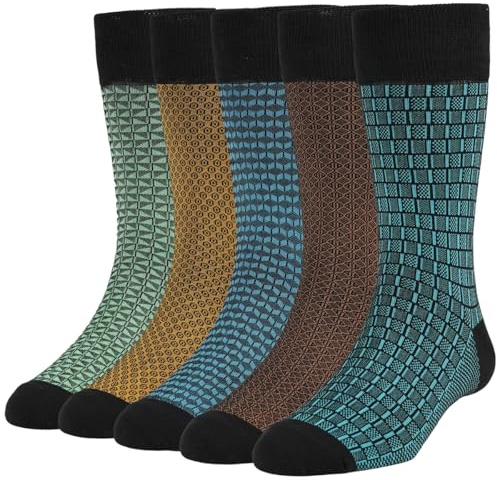 FLGYTH Men's Dress Socks - Premium Bamboo Fiber Patterned Socks, Business Casual, 5-Pair Crew Socks (US, Numeric, 9, 13, Regular, Regular, Black+Multicolor)