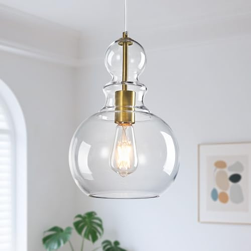 SHJNGMY Lampade in vetro trasparenti a forma di campana, lampade a sospensione moderne con accenti dorati, ideale per l'illuminazione di isole da cucina, camere da pranzo e da letto (Gold-B)