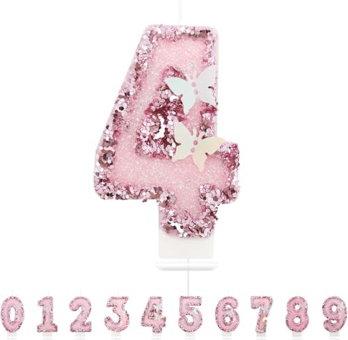 Heyumybit Geburtstagskerzen Zahlen 4,Schmetterling Kerzen Geburtstag,Rosa Kerzen Geburtstag Zahl 4,Kuchen Topper Dekoration für Frauen Mädchen Geburtstags Jubiläum