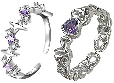 Paquete de 2 anillos ajustables de diamantes de imitación morados, anillos de compromiso de boda Y2K, joyería estética, regalos de cumpleaños para mujeres, diamantes de imitación morados en forma de