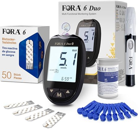 FORA 6 DUO Blutzuckermessgerät (mmol/L) mit 60 Blutzucker-Teststreifen + 60 Lanzetten | Bluetooth & App | Für Diabetes-Selbstkontrolle & Zuckermanagement
