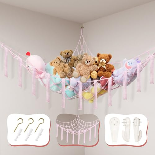Powkoo Teddy Hammock Toy Storage Net for Stuffed Animals Teddy Bear Storage Hammock Soft Plush Cuddly Toy Storage Corner Hanging Wall Storage Organizer for Kids Bedroom Girls Baby Nursery Room (Pink)
