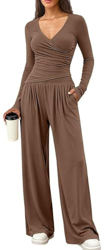 Sukiglam Conjunto Deportivo Mujer Manga Larga Cuello en V Chandal de 2 Piezas Sexy Ajustada Top Cruzado y Pantalón Anchos con Bolsillos Casual Chandales Casa Pijama Conjuntos de Otoño para Fitness