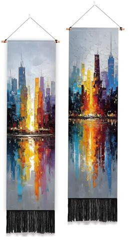 PLIGREAT Confezione da 2 arazzi moderni con dipinti ad olio dipinti a mano, paesaggio urbano lungo con nappe, arazzo decorativo estetico verticale, per camera da letto, soggiorno, decorazione della