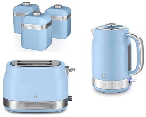 Swan Retro Revive Blue 1.7L 3KW Jug Kettle, 2 Slice Toaster and Retro Tea, Coffee, Sugar Canisters. Matching Vintage Design Kitchen Set in Blue with Chrome Accents