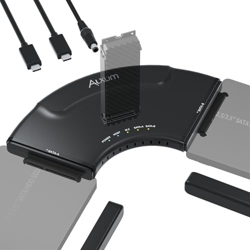 Alxum Adaptador 3 en 1 M.2 PCIe NVMe y 2 SATA a USB C 10Gbps | Carcasa Disco Duro para 3 Unidades con Función de Copia Entre 2 Hosts y Uso Compartido, para Windows y Mac OS