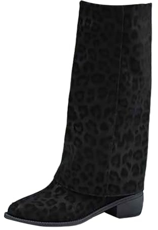 Knähöga stövlar dam med blockklack, vida stövlar dam vikbar över vinterstövlar spets cowboystövlar retro damstövlar bekväma slip-stövlar casual skaftstövlar läder halvstövlar, Mörkgrå, 40 EU
