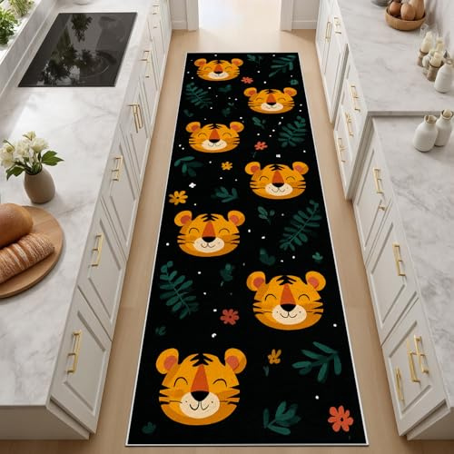 Generisch Dschungeltier Tiger Schwarz Teppich Läufer Flur rutschfest 60x120 cm Flauschig Küchenteppich Pflanzen Blätter Waschbar Lang Flur Teppich für Schlafzimmer Wohnzimmer Bettvorleger