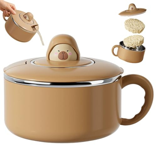 Snabbnudelskål med handtag 1 200 ml Capybara omedelbar ramen-skål med sked, 304 rostfritt stål ramen-spis för soppnudlar kök med lock
