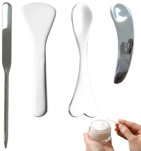 AEUXZA Juego de 4 Espátulas Cosméticas de Acero Inoxidable, Espátula de Maquillaje Reutilizable para Crema, Mascarilla y Aceites, Aplicador de Metal Mini con Cuchara para Mascarilla - Plata