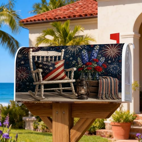 Copertura magnetica per cassetta delle lettere a dondolo, cuscino con bandiera americana patriottica rustica e fiori del 4 luglio, copertura rossa per cassetta postale per decorazioni per casa e