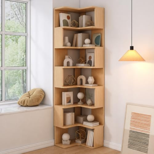 Cedario 7 Ebenen Eckschrank, Eckvitrine, Bücherregal Ecke, Bücherregal Holz Platzsparendes, Bücherregale für Wohnzimmer Schlafzimmer Büro Arbeitszimmer, Eckregal für kleine Räume