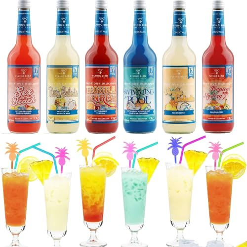 Flying Bird Mixpaket für 102 fertige Cocktails | 6 Flaschen 0,7l mit & ohne Alkohol | Saft dazu, schütteln, fertig