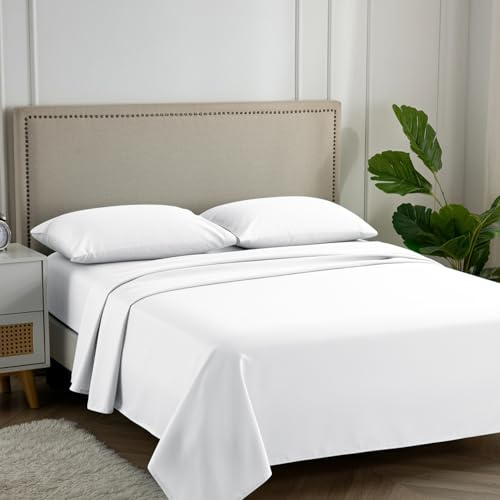 Carressa Linen 100% Egyptian Cotton Queen Sheet Set - 600 Series Hydrangeas Collection Egyptian Cotton Queen Sheets Set (4 PC, Crisp White), 16 Deep Pocket Sateen Weave Luxury Hotel Bed Sheet