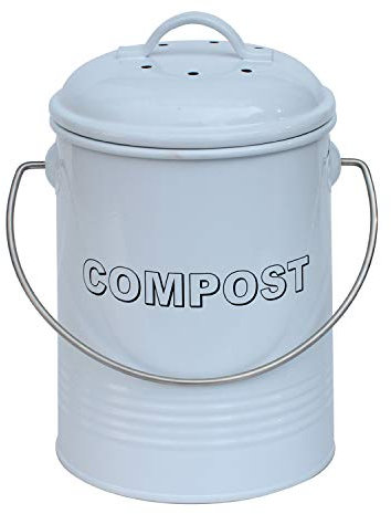 3L 3 Litre Vintage Style Galvanised Compost Food Waste Recycling Bin Caddy - White - with Odour Absorbing Filter - 19cm (H) x 13.5cm (Dia)
