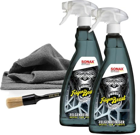 detailmate Felgen Reiniger Set - 2X SONAX FelgenBeast Felgenreinger 1L + Allrounder Mikrofasertuch 40x40cm, 380 GSM + Nuke Guys Reinigungspinsel