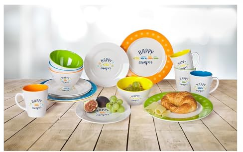 BERGER Happy Camper Geschirr Set 16-TLG. | Campinggeschirr 4 Personen | leicht & unzerbrechlich | Tafelservice Camping Teller Becher Schüsseln Dessertteller | Geschirrset Wiederverwendbar