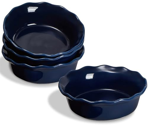 ONEMORE Ceramic Pie Dishes Set of 4, 17cm Individual Deep Pie Pan, 16 oz Small Oven Proof Round Dish for Baking, Dishwasher & Microwave & Oven Safe, Blue