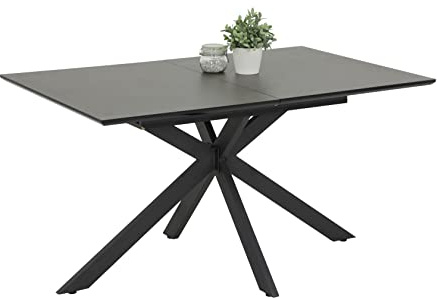 Hela Tische, Esstisch Ausziehtisch Fenja, Holzwerkstoff + 5mm Glasplatte, Keramikoptik Dunkelgrau, Spinnengestell Anthrazit, ausziehbar 140-180x90cm