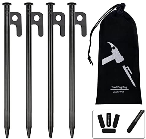 OBELON 4 Pack Heavy Duty Metal Tent Pegs - 30cm Steel Camping Stakes for Hard Ground, Awnings & Outdoor Use - Includes Storage Case & Rubber Covers - Strong Ground Anchors (Black)