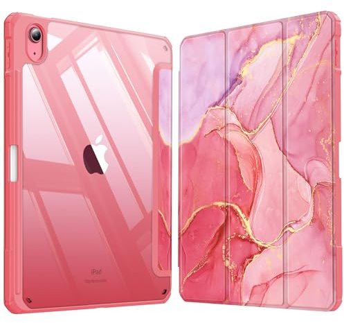 FINTIE Custodia per iPad (A16) 11ª Gen 11 (2025)/iPad 10ª Gen 10.9 (2022) con Portapenne - Sottile Leggero Trasparente Cover Posteriore con Bordo in TPU Morbido Auto Sveglia/Sonno, Rosa Marble