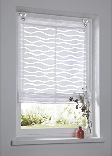 Weißes Raffrollo Ösenrollo Enya Ausbrenner mit Wellenmuster - Montage ohne Bohren (45 x 140 cm)