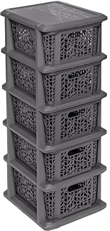 BranQ - Home essential Universelles, multifunktionales Regal in Bamboo Design, BPA-frei Kunststoff, 5 Körben, Anthrazit