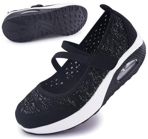 Git-up Damen Walking Schuhe mit Klettverschluss Atmungsaktives Vermascht Krankenschwester Schuhe Leichtes Memory Schaum Luftkissen Sneaker, Pailletten-Schwarz 38