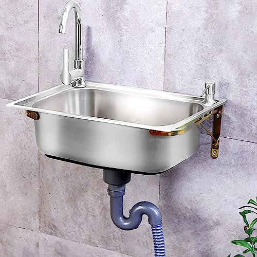 Évier de Cuisine en Acier Inoxydable Mural Évier de Commercial, Évier Inox Brossé 1 Bac Avec Robinet,Vasque ​Simple Évier de Jardin,Pour Salle de Bain,Commercial (38x33cm)