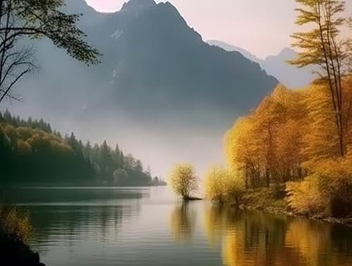 Acryl-Bild 110 x 80 cm: Herbstlandschaft. Bergsee und Wald am Morgen. (204741510)