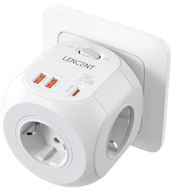 LENCENT Enchufe Cubo con Carga Rápida PD20W, Ladron 4000W con 4 Tomas de CA, 2 USB y 1 PD20W, Cubo Enchufe Multiple Pared con Interruptor, Cargador para Familia, Cocina y Oficina