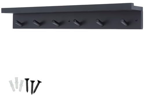 keypak 6 Coat Hooks with Shelf, 68cm Wooden Floating Shelf with Lip | Wall Mounted Coat Rack Hallway Organiser - Pre-Assembled, Fixings Included (Black)