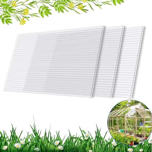 Polycarbonate Greenhouse Panels, 3 Pack Twin Wall 4mm Sheets, 4' (W) x 2'(L) x 0.16” - Impact and Shatterproof, Waterproof, UV Protected, All-Weather Outdoor Clear Roof Panels