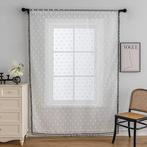 Homxi Gardinen Wohnzimmer Voile 2er Set,2 x 100W x 130H cm,Halbtransparente Gardinen Vorhänge Weiß Schwarz Pompon und Quaste Gardinen mit Taschen
