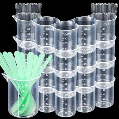 20 vasos medidores de 100 ml, resina epoxi de plástico, con 10 varillas agitadoras y 10 pipetas de transferencia, vaso medidor de precisión con marca de escala para manualidades, moldes de fundición,