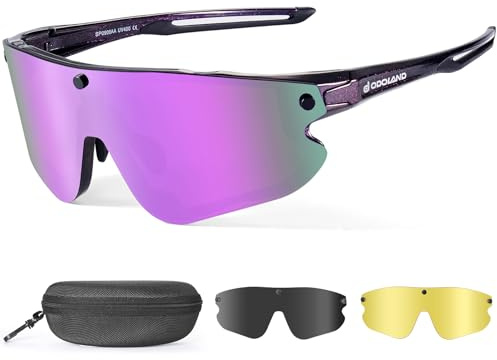 Odoland Fahrradbrille Magnetische mit 3 Magnetische Wechselgläser ink. grauer polarisierter Gläser Sport Sonnenbrille UV400 Schnelle brille für Herren Damen Sportbrille Fahrrad, Angeln, Laufen Violett
