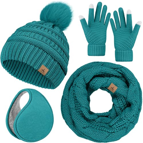Wintermütze, Schal, Handschuhe und Ohrenwärmer, warme Strickmütze, Touchscreen-Handschuhe, Set, Wintergeschenke, Halstücher für Damen